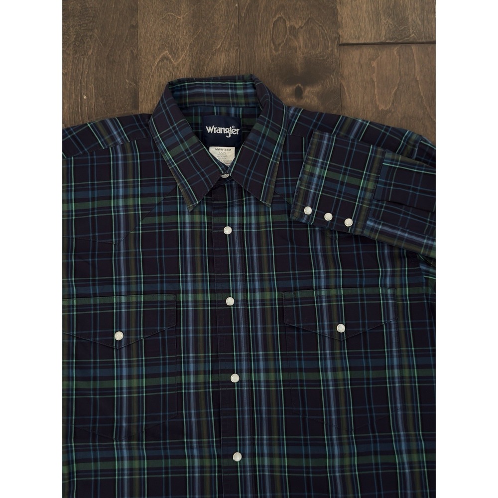 Wrangler‎ Wrancher Western Shirt Mens Size L Pearl Snap Down Blue Plaid Cowboy